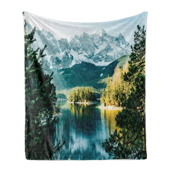Landscape Soft Flannel Fleece Throw Blanket, Mountain Lake in Northern Germany Frozen Peaks Water Winter Season Life, Cozy Plush for Indoor and Outdoor Use, 50" x 70", Green White, by Ambesonne