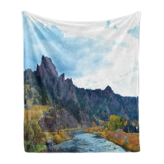 Landscape Soft Flannel Fleece Throw Blanket, Mountains View Missouri River Nature Scenes Photo, Cozy Plush for Indoor and Outdoor Use, 50" x 70", Baby Blue Fern Green, by Ambesonne