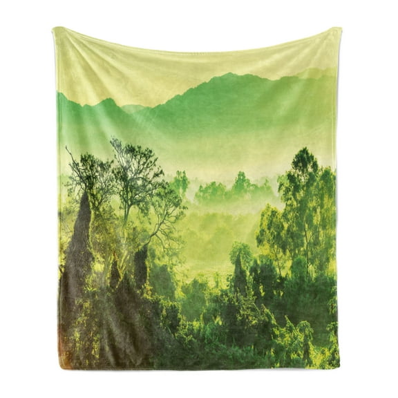 Landscape Soft Flannel Fleece Throw Blanket, Nature Scene in Green Tones with Mountains and Trees, Cozy Plush for Indoor and Outdoor Use, 50" x 70", Lime Green Yellow Green, by Ambesonne