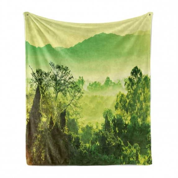 Landscape Soft Flannel Fleece Throw Blanket, Nature Scene in Green Tones with Mountains and Trees, Cozy Plush for Indoor and Outdoor Use, 60" x 80", Lime Green Yellow Green, by Ambesonne