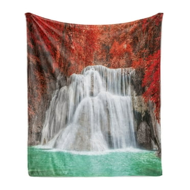 Landscape Soft Flannel Fleece Throw Blanket, Nature Theme with River in the Fall Season Warm Colored Leaves, Cozy Plush for Indoor and Outdoor Use, 70" x 90", Vermilion Pale Blue, by Ambesonne