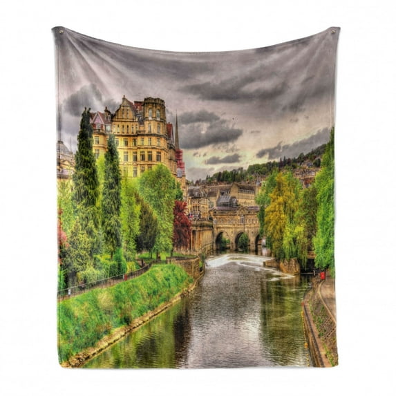 Landscape Soft Flannel Fleece Throw Blanket, Nature Themed View of Bath Town over the River Avon in England Digital Print, Cozy Plush for Indoor and Outdoor Use, 50" x 70", Fern Green, by Ambesonne