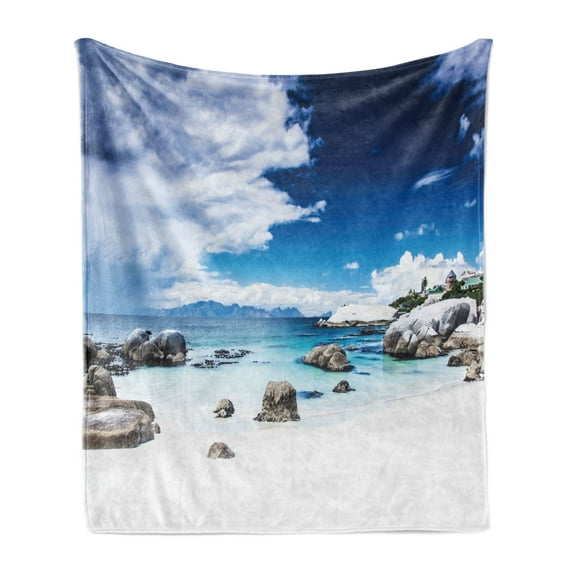 Landscape Soft Flannel Fleece Throw Blanket, Ocean Seascape Peaceful Beach with Rocks and Cloudy Sky Digital Print, Cozy Plush for Indoor and Outdoor Use, 70" x 90", White Blue and Grey, by Ambesonne