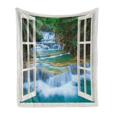 Landscape Soft Flannel Fleece Throw Blanket, Open Window to River Flowing down Inside a Forest with Spring Season Trees, Cozy Plush for Indoor and Outdoor Use, 60" x 80", Multicolor, by Ambesonne