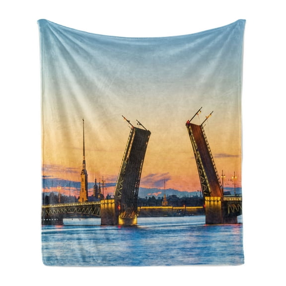 Landscape Soft Flannel Fleece Throw Blanket, Palace Bridge with Peter and Paul Fortress St Petersburg White Nights Russia, Cozy Plush for Indoor and Outdoor Use, 50" x 70", Orange Blue, by Ambesonne