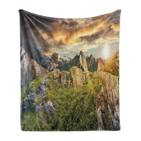 Landscape Soft Flannel Fleece Throw Blanket, Panoramic Image of Dandelions in High Tatra, Cozy Plush for Indoor and Outdoor Use, 60" x 80", Olive Green Sand Brown, by Ambesonne