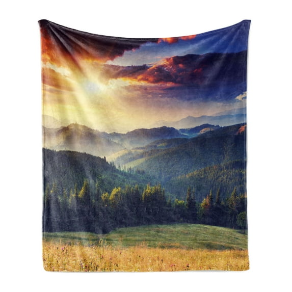 Landscape Soft Flannel Fleece Throw Blanket, Panoramic Photo of Breathtaking Sunset over Forest Mountains Ukraine Europe, Cozy Plush for Indoor and Outdoor Use, 60" x 80", Multicolor, by Ambesonne
