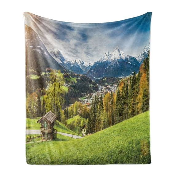 Landscape Soft Flannel Fleece Throw Blanket, Panoramic Scenery of Snowy Mountains Bavarian Alps National Park Germany, Cozy Plush for Indoor and Outdoor Use, 50" x 70", Multicolor, by Ambesonne