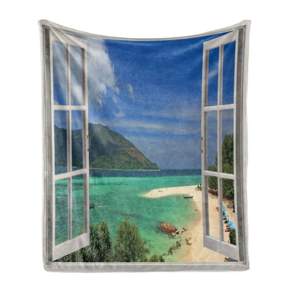 Landscape Soft Flannel Fleece Throw Blanket, Panoramic Tropical Scenery with Ocean and Mountains Through an Open Window, Cozy Plush for Indoor and Outdoor Use, 70" x 90", Multicolor, by Ambesonne