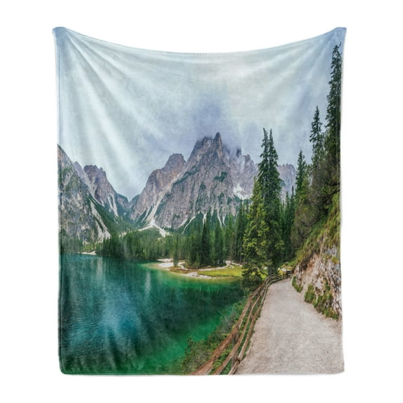 Landscape Soft Flannel Fleece Throw Blanket, Photo of Lake Between Mountains Hiking Trail Outdoors Scenery, Cozy Plush for Indoor and Outdoor Use, 50" x 70", Multicolor, by Ambesonne