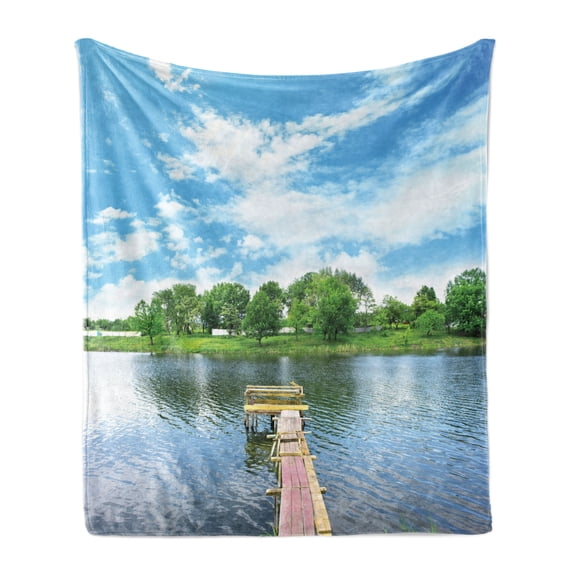 Landscape Soft Flannel Fleece Throw Blanket, Photo Taken from a Wooden Dock Towards the Sea and Forest Sky Calm Lake Print, Cozy Plush for Indoor and Outdoor Use, 50" x 70", Multicolor, by Ambesonne