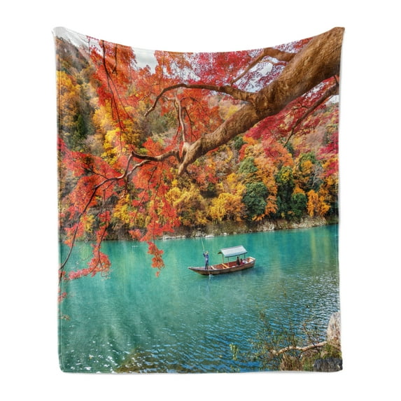 Landscape Soft Flannel Fleece Throw Blanket, Photo of Trees and Forest Boatman Pulling the Boat in Kyoto Japan, Cozy Plush for Indoor and Outdoor Use, 70" x 90", Dark Seafoam Vermilion, by Ambesonne