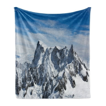Landscape Soft Flannel Fleece Throw Blanket, Picturesque Mont Blanc Cliff to Clouds Idyllic Environment Trekking Landmark, Cozy Plush for Indoor and Outdoor Use, 70" x 90", White Blue, by Ambesonne