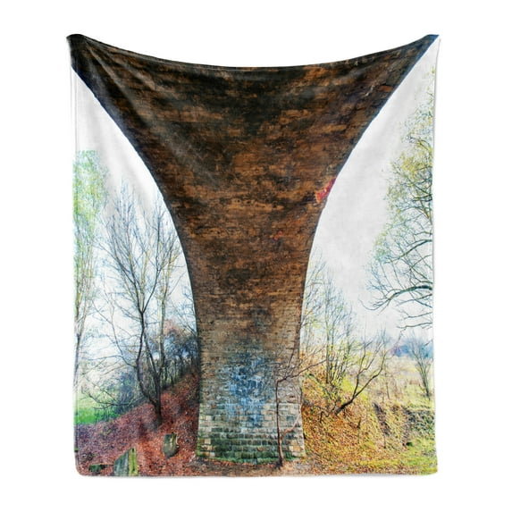 Landscape Soft Flannel Fleece Throw Blanket, Pillar of Old Stone Bridge in Rural Area Historic Architecture Landmark, Cozy Plush for Indoor and Outdoor Use, 70" x 90", Brown Green, by Ambesonne