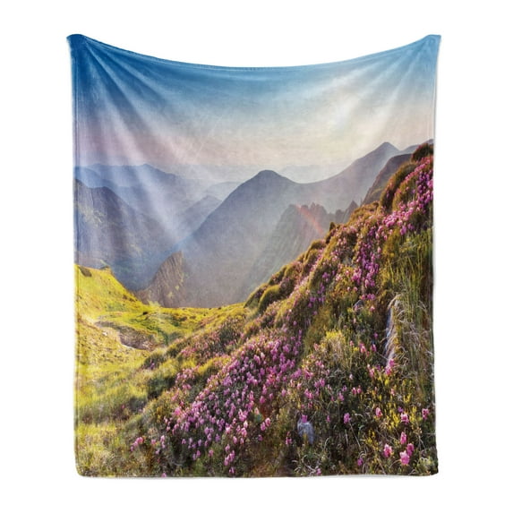 Landscape Soft Flannel Fleece Throw Blanket, Pink Rhododendron Flowers Field with Mountains and Sun Spring Feels, Cozy Plush for Indoor and Outdoor Use, 60" x 80", Multicolor, by Ambesonne
