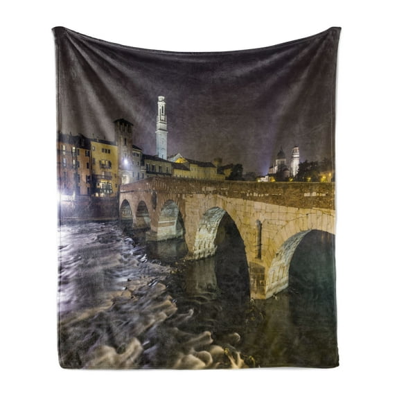 Landscape Soft Flannel Fleece Throw Blanket, Ponte Pietra on River Adige Roman Bridge in the Old Town of Verona Italy, Cozy Plush for Indoor and Outdoor Use, 50" x 60", Black Beige, by Ambesonne