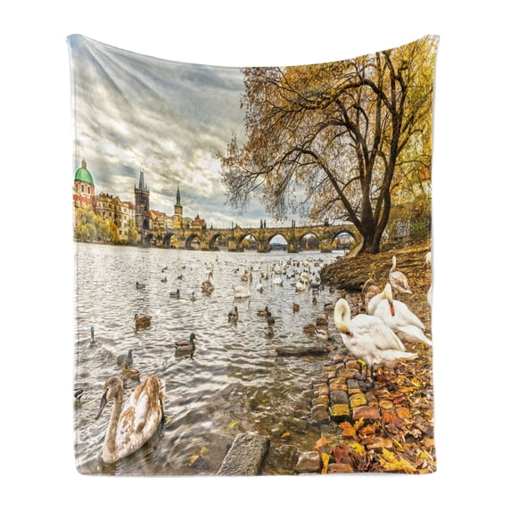 Landscape Soft Flannel Fleece Throw Blanket, Prague Charles Bridge Old Town Czech Republic Riverside Scenic View with Swans, Cozy Plush for Indoor and Outdoor Use, 50" x 60", Multicolor, by Ambesonne