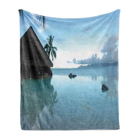 Landscape Soft Flannel Fleece Throw Blanket, Rock Pool Part of the Sea Serene Nature with Old Wooden House Scenery, Cozy Plush for Indoor and Outdoor Use, 50" x 70", Blue Brown, by Ambesonne
