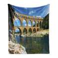 thumbnail image 1 of Landscape Soft Flannel Fleece Throw Blanket, Roman Heritage Wall Southern France Architectural Historical Landmark, Cozy Plush for Indoor and Outdoor Use, 70" x 90", Blue Green Tan, by Ambesonne, 1 of 5