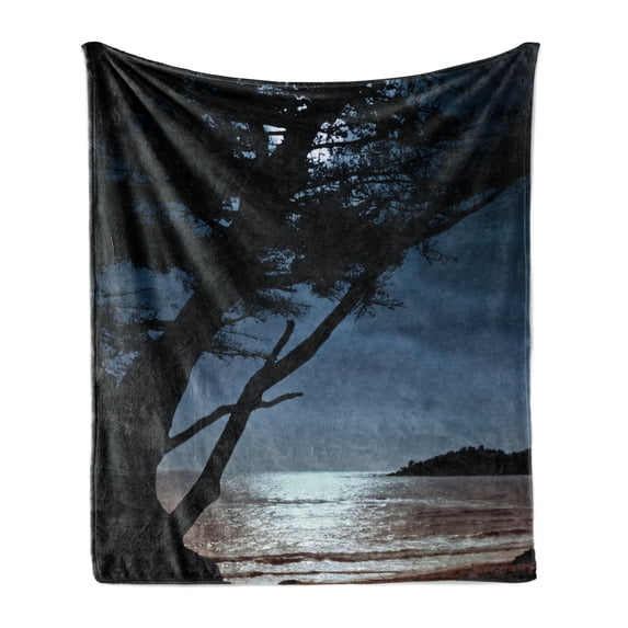 Landscape Soft Flannel Fleece Throw Blanket, Romantic Late Night Lonely Tree Silhouettes and Seascapes Rippling Ocean, Cozy Plush for Indoor and Outdoor Use, 50" x 70", Black and Blue, by Ambesonne