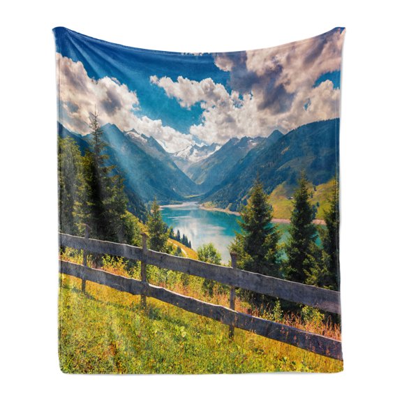 Landscape Soft Flannel Fleece Throw Blanket, Scenery View of Speicher Durlassboden Lake in the Austrian Alps and Cloudy Sky, Cozy Plush for Indoor and Outdoor Use, 60" x 80", Multicolor, by Ambesonne