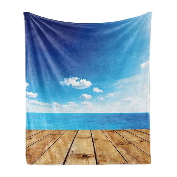 Landscape Soft Flannel Fleece Throw Blanket, Seascape View from Pier Under Cloudy Vivid Summer Sky Beach Theme Print, Cozy Plush for Indoor and Outdoor Use, 50" x 70", Blue White Brown, by Ambesonne