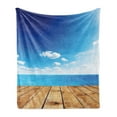 thumbnail image 1 of Landscape Soft Flannel Fleece Throw Blanket, Seascape View from Pier Under Cloudy Vivid Summer Sky Beach Theme Print, Cozy Plush for Indoor and Outdoor Use, 70" x 90", Blue White Brown, by Ambesonne, 1 of 5