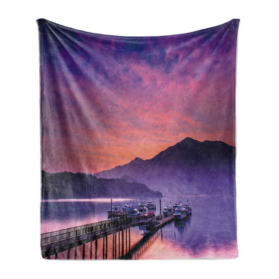 Landscape Soft Flannel Fleece Throw Blanket, Seashore in Nantou Taiwan Majestic Cloudy Sky Scenery Lake Boats Mountain, Cozy Plush for Indoor and Outdoor Use, 50" x 70", Pink Purple, by Ambesonne