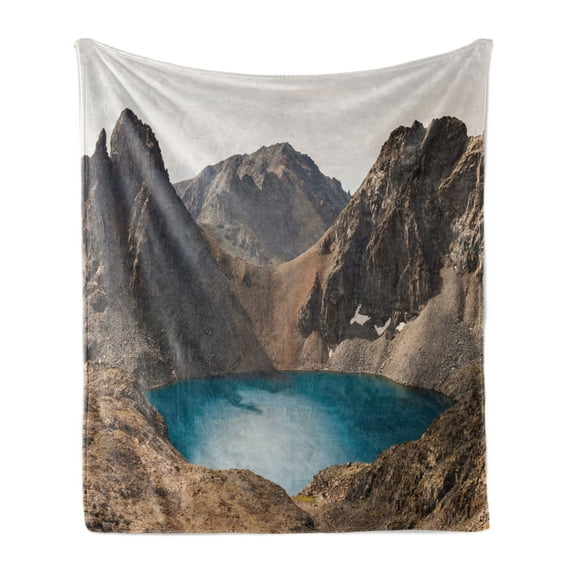 Landscape Soft Flannel Fleece Throw Blanket, Secret Lake on the Rock Mountain Resort Nature Earth Landscape Photo, Cozy Plush for Indoor and Outdoor Use, 70" x 90", Brown Teal, by Ambesonne