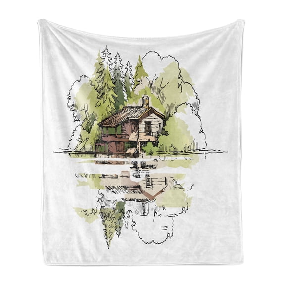 Landscape Soft Flannel Fleece Throw Blanket, Sketch of Lake House in the Forest Hand Drawn Composition Vacation, Cozy Plush for Indoor and Outdoor Use, 50" x 60", Green Brown Black, by Ambesonne