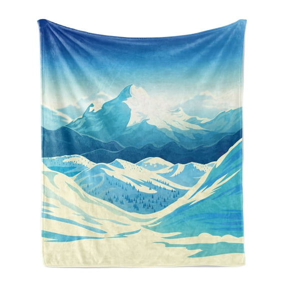Landscape Soft Flannel Fleece Throw Blanket, Snowy Mountains Steep Slopes and Forest, Cozy Plush for Indoor and Outdoor Use, 70" x 90", Sky Blue Pale Yellow, by Ambesonne