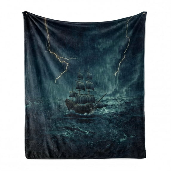 Landscape Soft Flannel Fleece Throw Blanket, Stormy and Rainy Weather Waves Vintage Ship Sailing Oil Paint, Cozy Plush for Indoor and Outdoor Use, 60" x 80", Dark Cadet Blue White, by Ambesonne