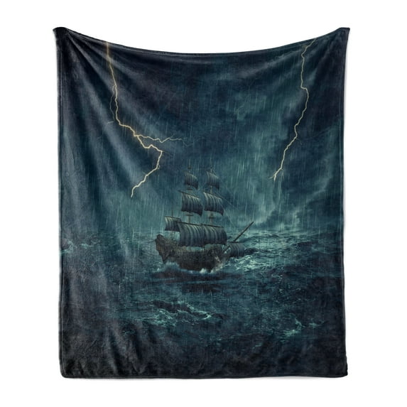 Landscape Soft Flannel Fleece Throw Blanket, Stormy and Rainy Weather Waves Vintage Ship Sailing Oil Paint, Cozy Plush for Indoor and Outdoor Use, 70" x 90", Dark Cadet Blue White, by Ambesonne
