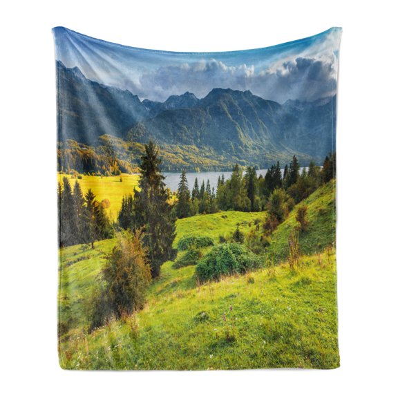 Landscape Soft Flannel Fleece Throw Blanket, Summer Morning on Bohinj Lake in National Park Slovenia Greenery Nature, Cozy Plush for Indoor and Outdoor Use, 50" x 70", Green Blue Yellow, by Ambesonne
