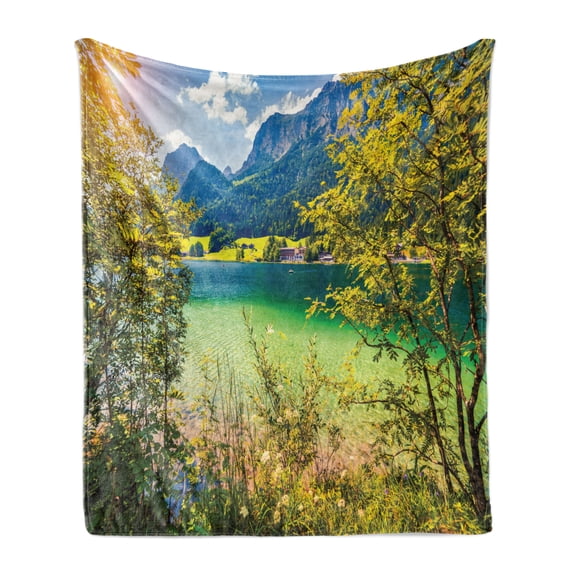 Landscape Soft Flannel Fleece Throw Blanket, Summer Morning on the Hintersee Lake Salzburg Umgebung Picturesque, Cozy Plush for Indoor and Outdoor Use, 70" x 90", Yellow Green and Blue, by Ambesonne