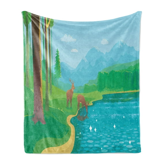 Landscape Soft Flannel Fleece Throw Blanket, Summer Scenery of Deer Drinking Water from the Lake Peaceful Mountain Valley, Cozy Plush for Indoor and Outdoor Use, 50" x 60", Multicolor, by Ambesonne