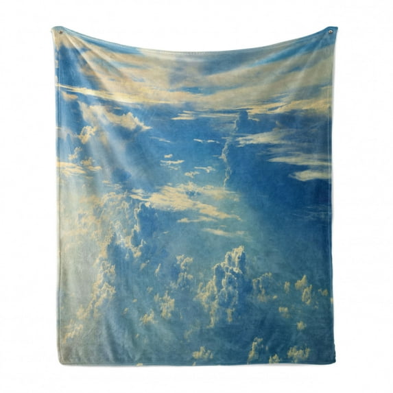 Landscape Soft Flannel Fleece Throw Blanket, Sunrise Foggy Morning Scenery View of Sky and Clouds from Airplane Picture Art, Cozy Plush for Indoor and Outdoor Use, 60" x 80", Navy Cream, by Ambesonne