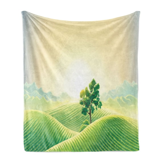 Landscape Soft Flannel Fleece Throw Blanket, Sunrise on Rural Valley Fields Hills Tree Illustration, Cozy Plush for Indoor and Outdoor Use, 60" x 80", Cream Fern Green, by Ambesonne