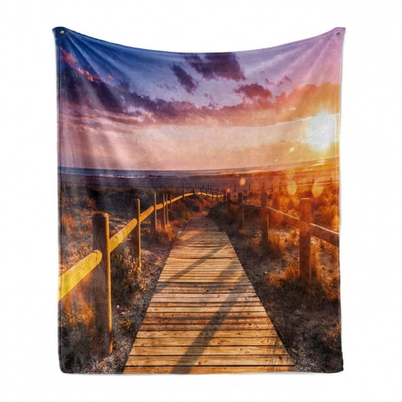 Landscape Soft Flannel Fleece Throw Blanket, Sunset with Clouds in Cabo de Gata Nijar Natural Park Bridge Way with Fences, Cozy Plush for Indoor and Outdoor Use, 70" x 90", Multicolor, by Ambesonne