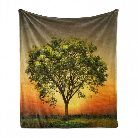 Landscape Soft Flannel Fleece Throw Blanket, Sunset Scenery in a Valley with a Big Old Tree Artwork Photo, Cozy Plush for Indoor and Outdoor Use, 60" x 80", Fern Green Marigold, by Ambesonne