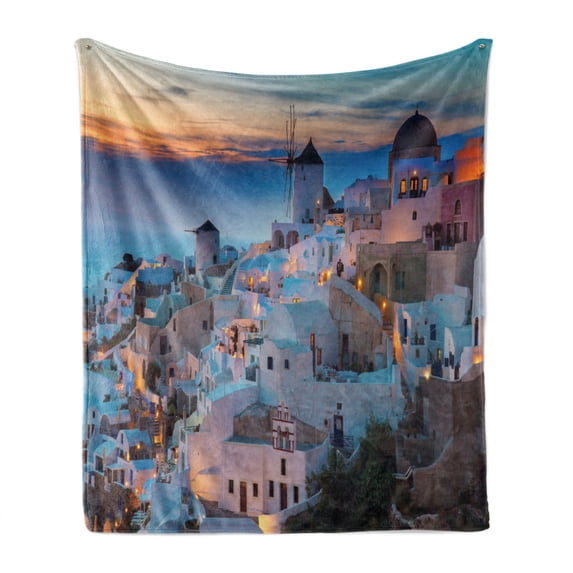Landscape Soft Flannel Fleece Throw Blanket, Touristic Houses Traditional Architecture Composition at Sunset by the Ocean, Cozy Plush for Indoor and Outdoor Use, 60" x 80", Multicolor, by Ambesonne