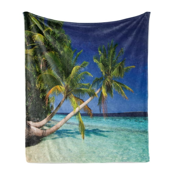 Landscape Soft Flannel Fleece Throw Blanket, Tropic Botanic Sandy Beach Island with Coconut Palm Trees Seaside Print, Cozy Plush for Indoor and Outdoor Use, 60" x 80", Aqua Blue Green, by Ambesonne