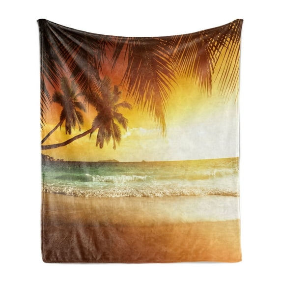 Landscape Soft Flannel Fleece Throw Blanket, Tropic Caribbean Coast with Palms at Sunset, Cozy Plush for Indoor and Outdoor Use, 70" x 90", Burnt Orange Sea Green, by Ambesonne
