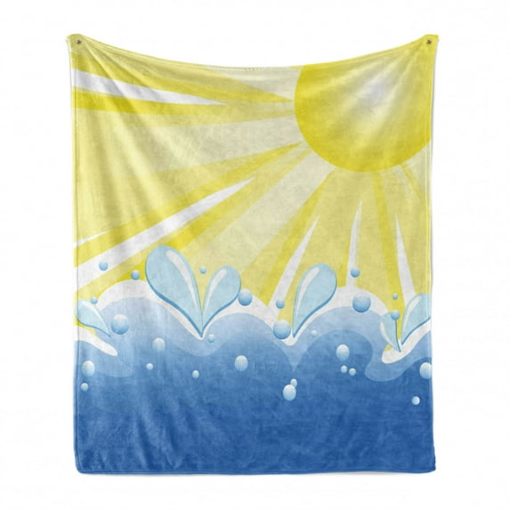 Landscape Soft Flannel Fleece Throw Blanket, Vector Illustration of Sun over the Wavy Sea Summer Theme Print, Cozy Plush for Indoor and Outdoor Use, 50" x 70", Yellow and Blue, by Ambesonne