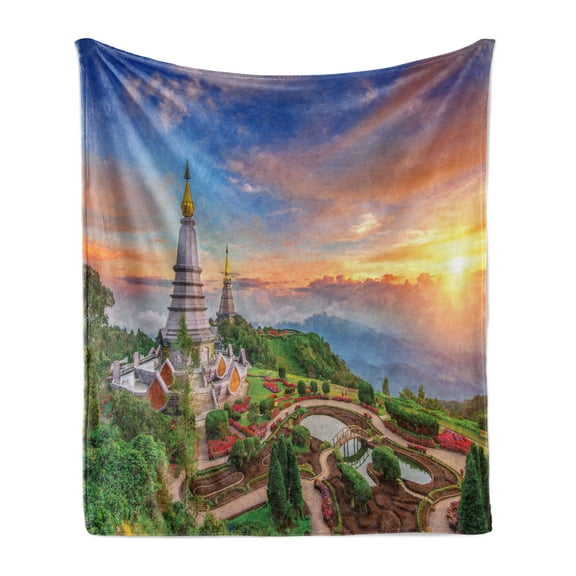 Landscape Soft Flannel Fleece Throw Blanket, View of Chiang Mai at Sunset in Doi Inthanon Mountain Thailand Historical, Cozy Plush for Indoor and Outdoor Use, 50" x 60", Multicolor, by Ambesonne