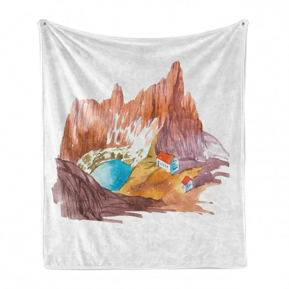 Landscape Soft Flannel Fleece Throw Blanket, Watercolor Interpretation of a Mountainous Region Nature Rural Overview Valley, Cozy Plush for Indoor and Outdoor Use, 70" x 90", Multicolor, by Ambesonne