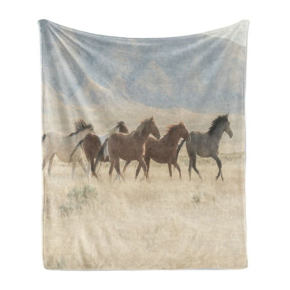 Landscape Soft Flannel Fleece Throw Blanket, Wild Mustang Horses Herd Running in a Valley Utah Outdoor Scenery Photography, Cozy Plush for Indoor and Outdoor Use, 50" x 60", Multicolor, by Ambesonne
