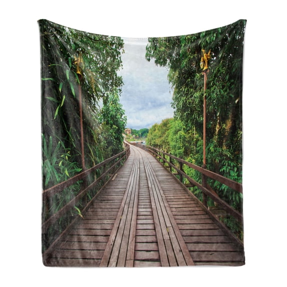 Landscape Soft Flannel Fleece Throw Blanket, Wooden Bridge Between Exotic Trees Jungle Freshening Relax Road Nature Image, Cozy Plush for Indoor and Outdoor Use, 50" x 60", Brown Green, by Ambesonne