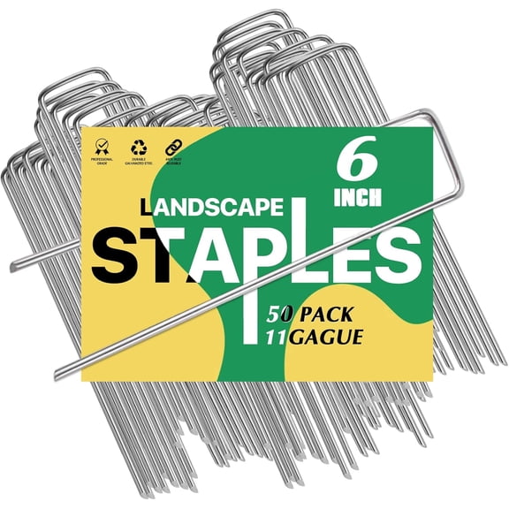 Landscape Staples 6inch 50pack,11Gauge Galvanized Lawn Staples, Sturdy Garden Stakes for Effortlessly Securing Weed Barrier Fabric,Ground Stabilization, and Tackling Outdoor Yard Work Projects.