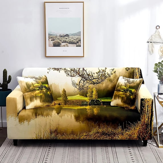 Landscape Stretch Sofa Cover Natural Scenery Printed Couch Covers Italy Houses All-Wrapped Washable Furniture Protector Decor